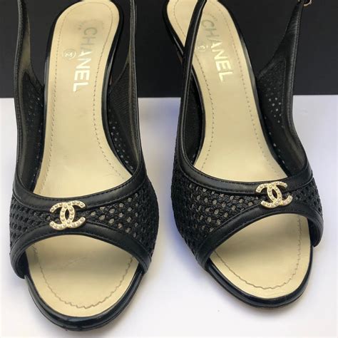 chanel pumps with pearl heel|Chanel black aa slingback heel.